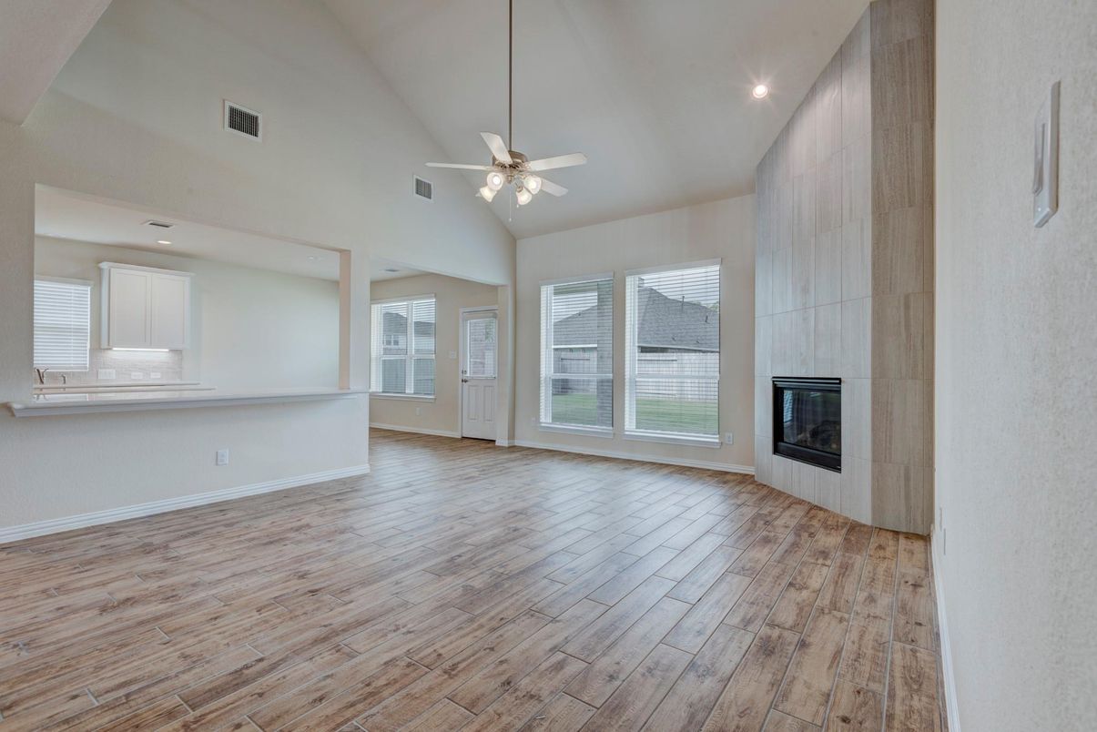 Empty room, Fireplace, Interior, Recessed Lighting, Wood Texture Flooring
