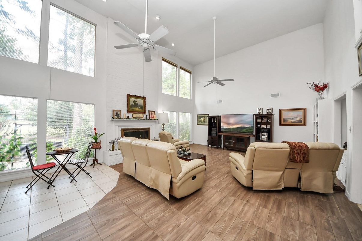 Fireplace, Interior, Living room, Recessed Lighting, Wood Texture Flooring