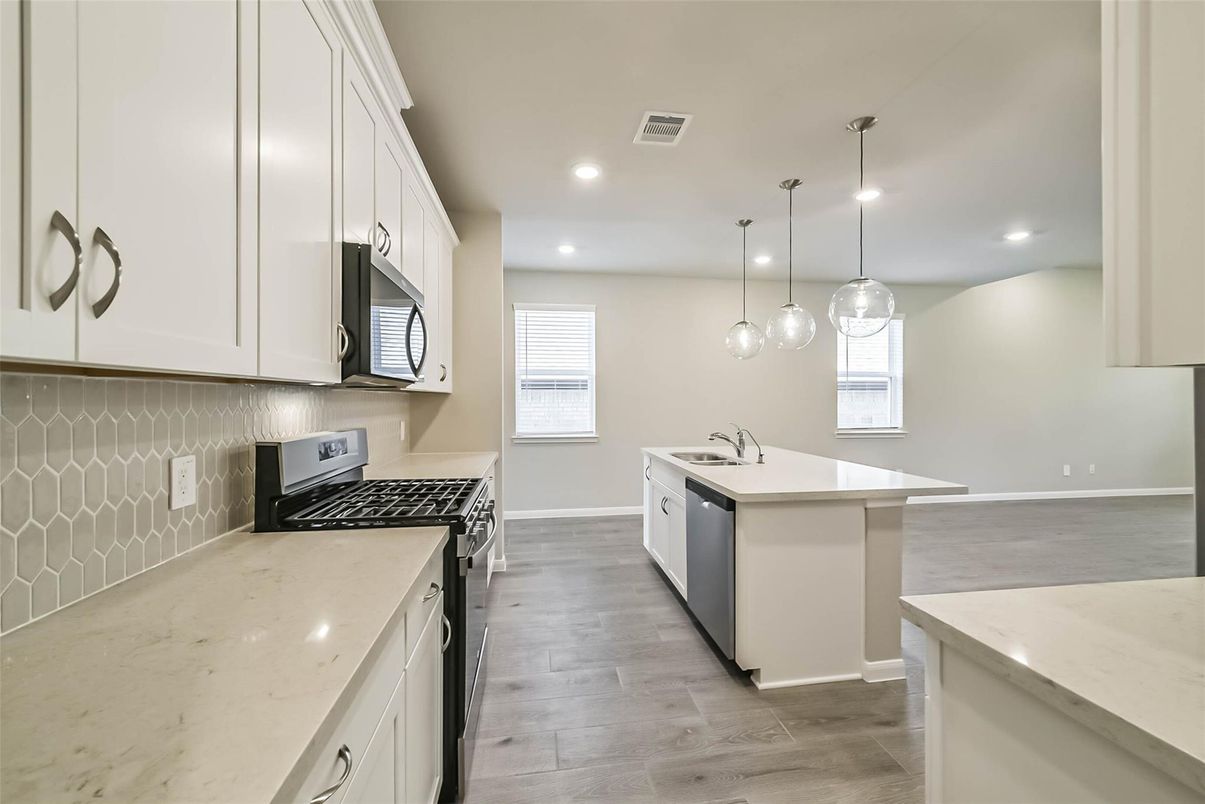 Interior, Kitchen, Pendant Lights, Recessed Lighting, Wood Texture Flooring
