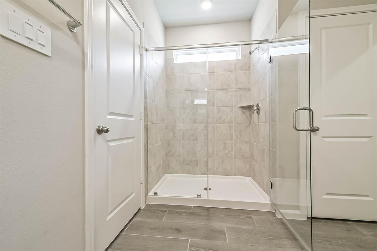 Bathroom, Glass Shower, Interior, Recessed Lighting, Wood Texture Flooring