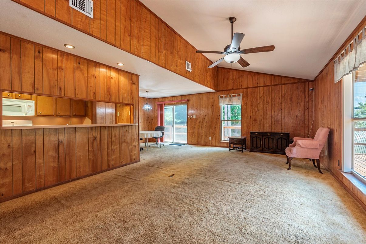Empty room, Fireplace, Interior, Recessed Lighting, Wooden Walls