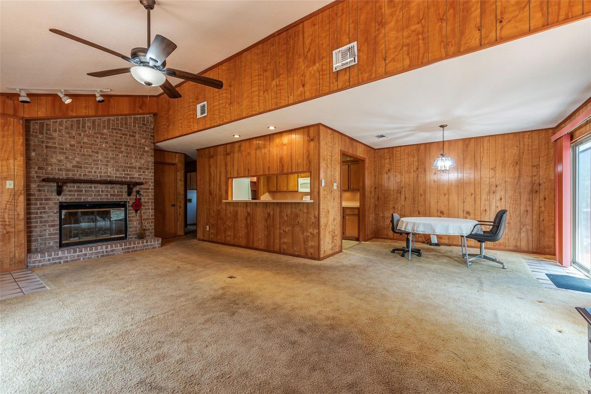 Dining room, Fireplace, Interior, Pendant Lights, Stone Walls, Wooden Walls