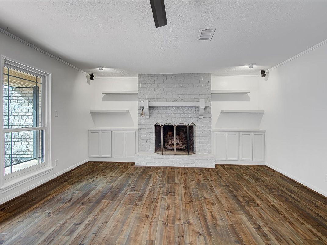 Empty room, Fireplace, Interior, Stone Walls, Wood Texture Flooring