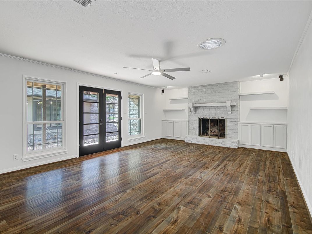 Empty room, Fireplace, Interior, Stone Walls, Wood Texture Flooring
