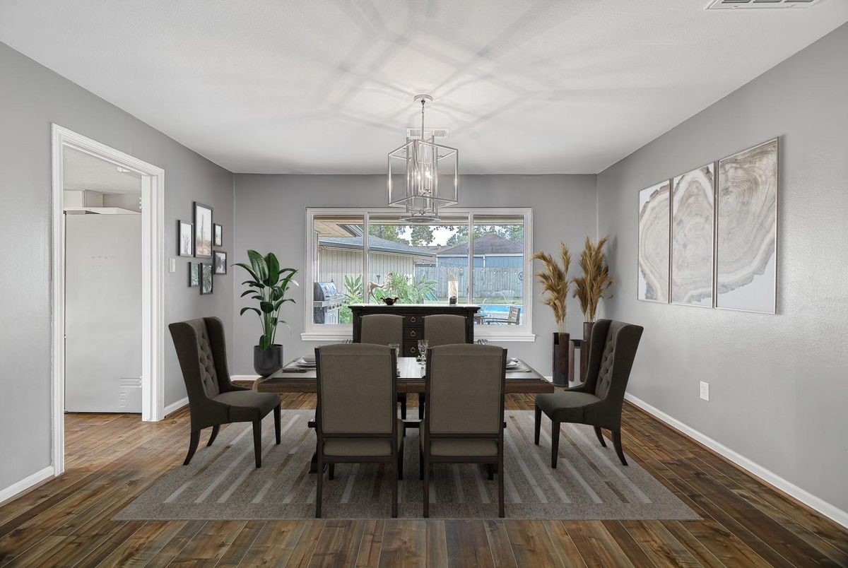 Dining room, Interior, Pendant Lights, Wood Texture Flooring