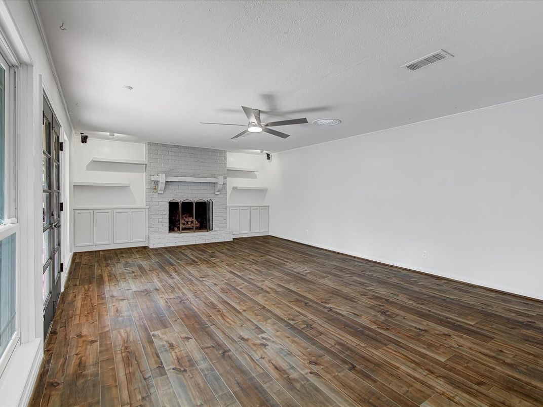 Empty room, Fireplace, Interior, Stone Walls, Wood Texture Flooring