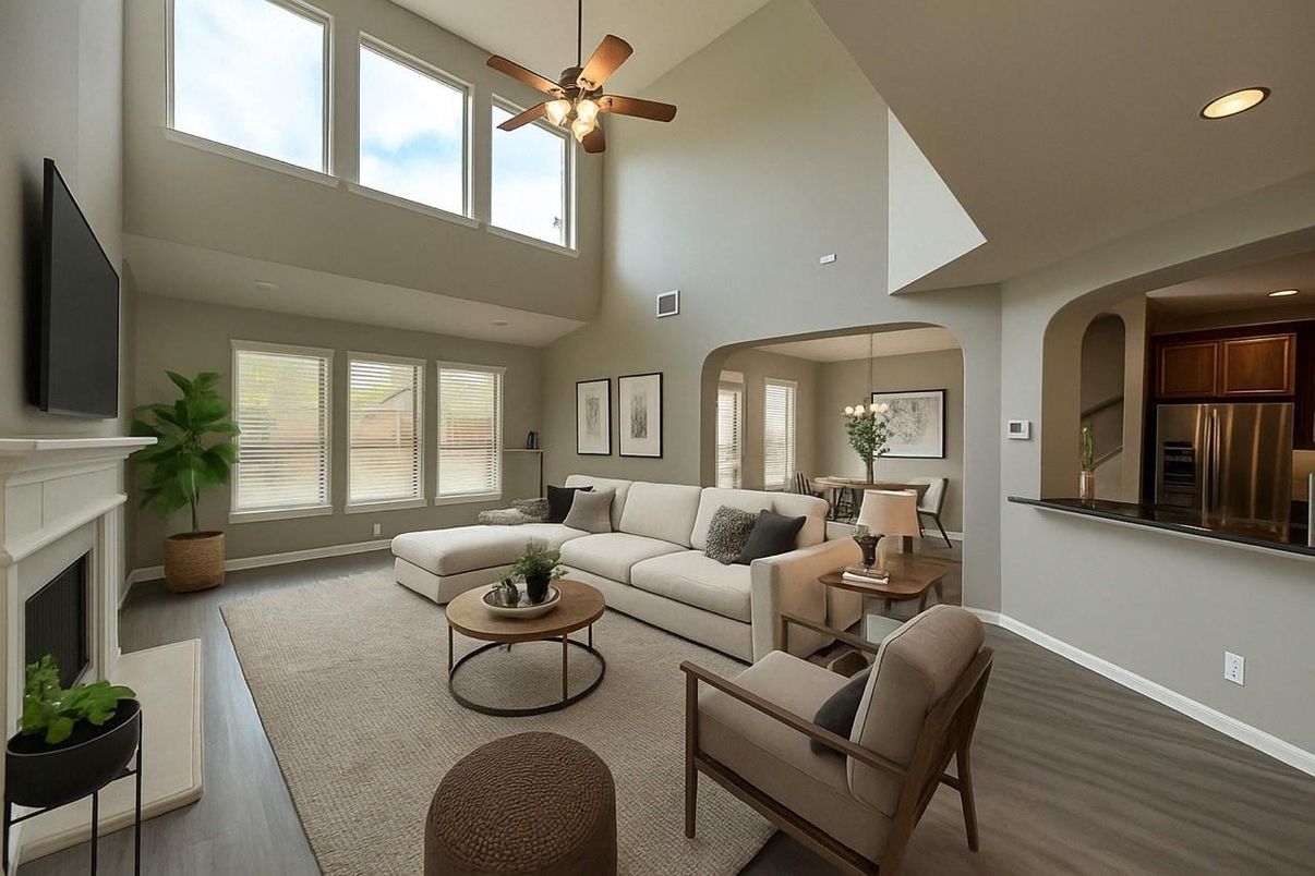 Chandelier, Dining room, Fireplace, Interior, Living room, Recessed Lighting, Wood Texture Flooring