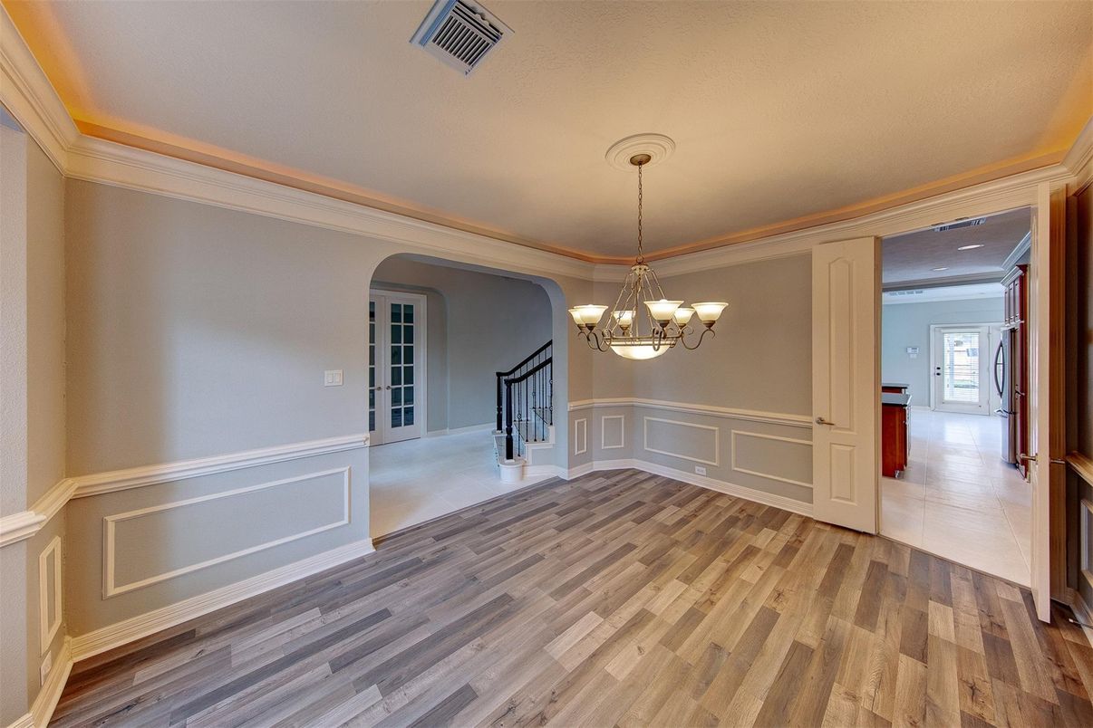 Chandelier, Empty room, Fireplace, Interior, Wood Texture Flooring