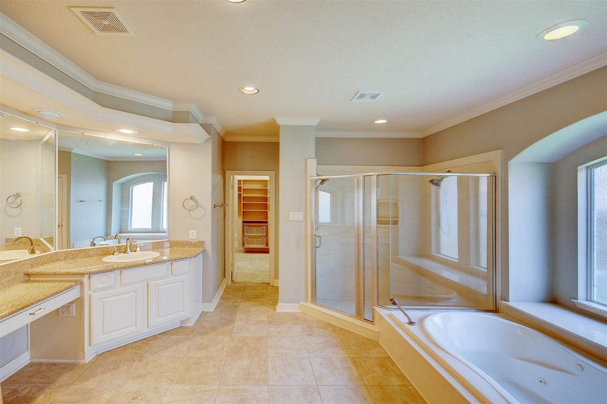 Bathroom, Dual Sink Vanities, Glass Shower, Interior, Recessed Lighting