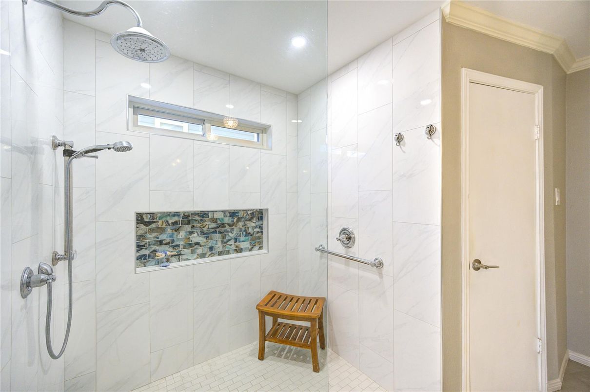 Bathroom, Glass Shower, Interior, Marble Walls, Recessed Lighting