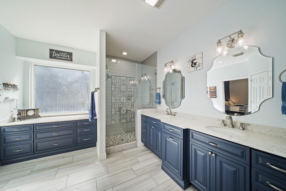Bathroom, Dual Sink Vanities, Glass Shower, Interior, Recessed Lighting