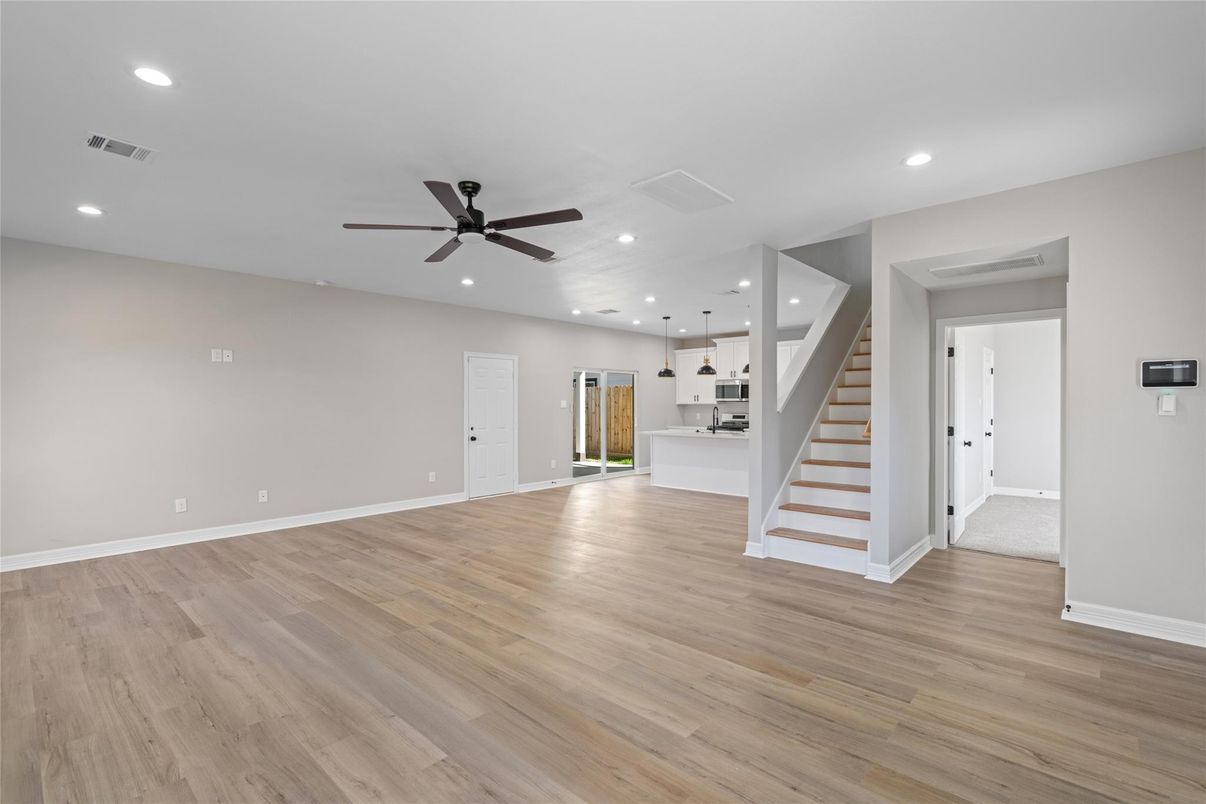 Empty room, Interior, Kitchen, Recessed Lighting, Wood Texture Flooring