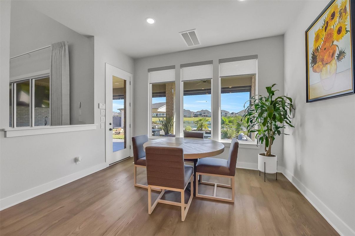 Dining room, Interior, Recessed Lighting, Wood Texture Flooring