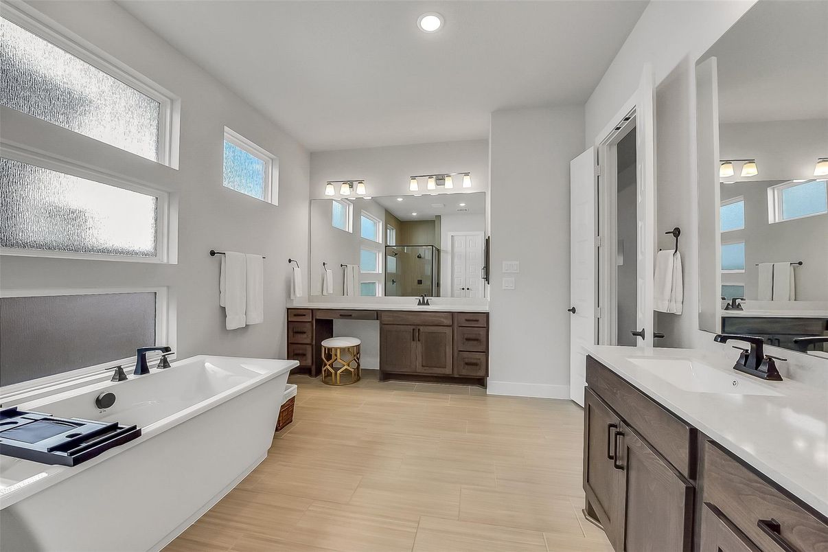 Bathroom, Dual Sink Vanities, Free Standing Baths, Interior, Recessed Lighting, Wood Texture Flooring