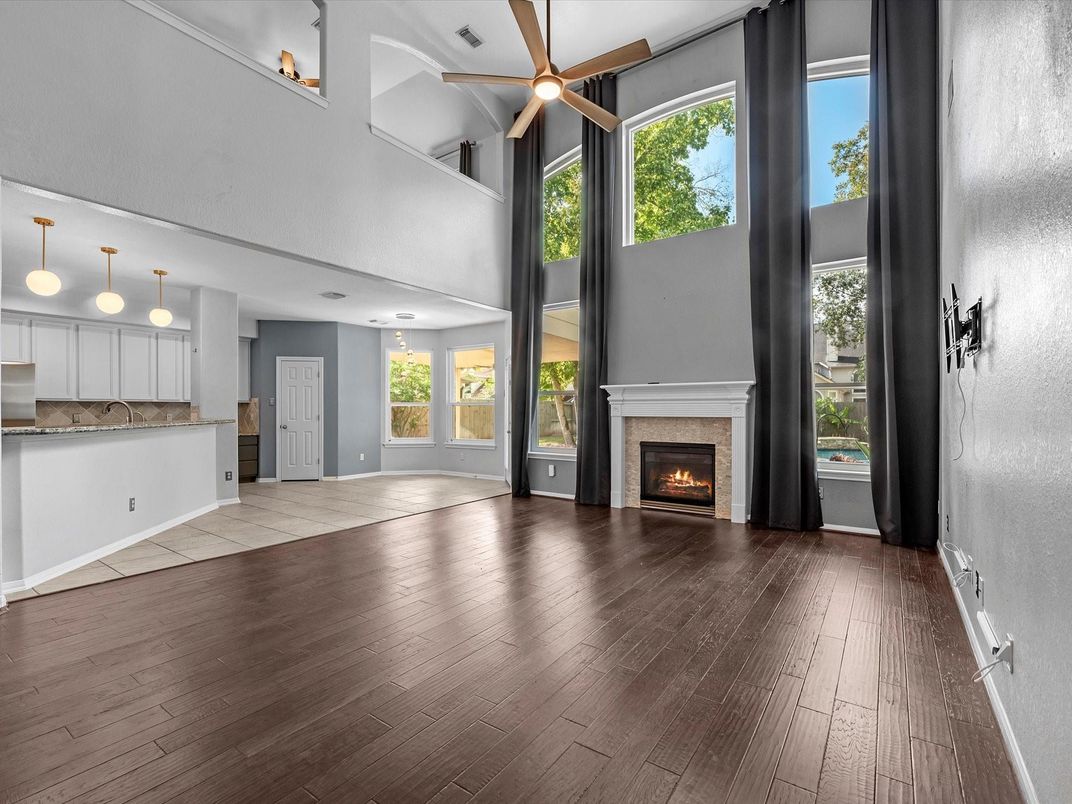 Fireplace, Interior, Kitchen, Pendant Lights, Wood Texture Flooring