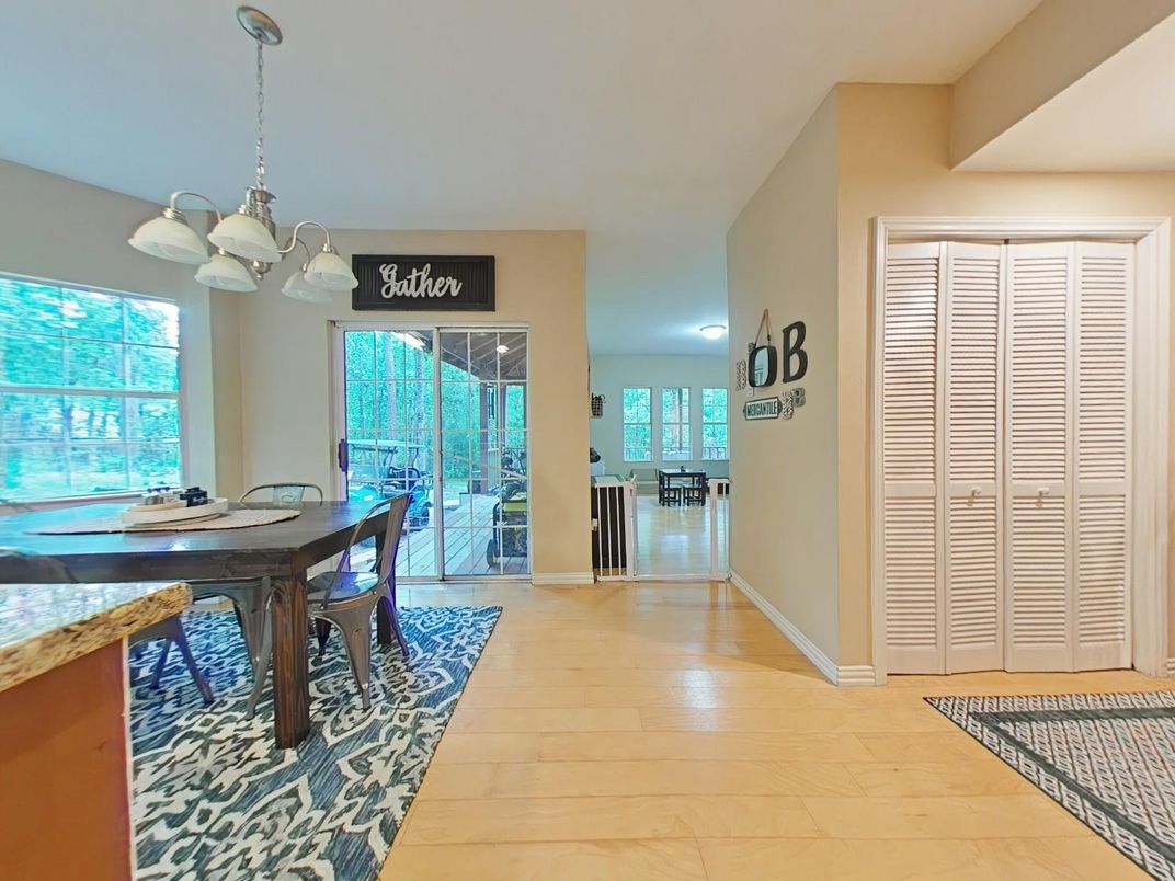 Dining room, Interior, Pendant Lights, Wood Texture Flooring