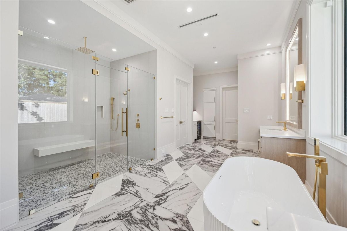 Bathroom, Free Standing Baths, Glass Shower, Interior, Marble, Recessed Lighting