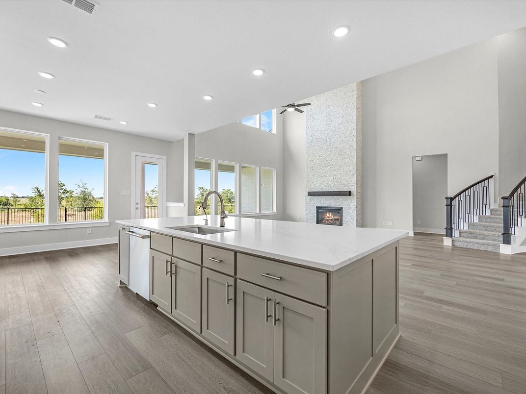 Fireplace, Interior, Kitchen, Recessed Lighting, Wood Texture Flooring