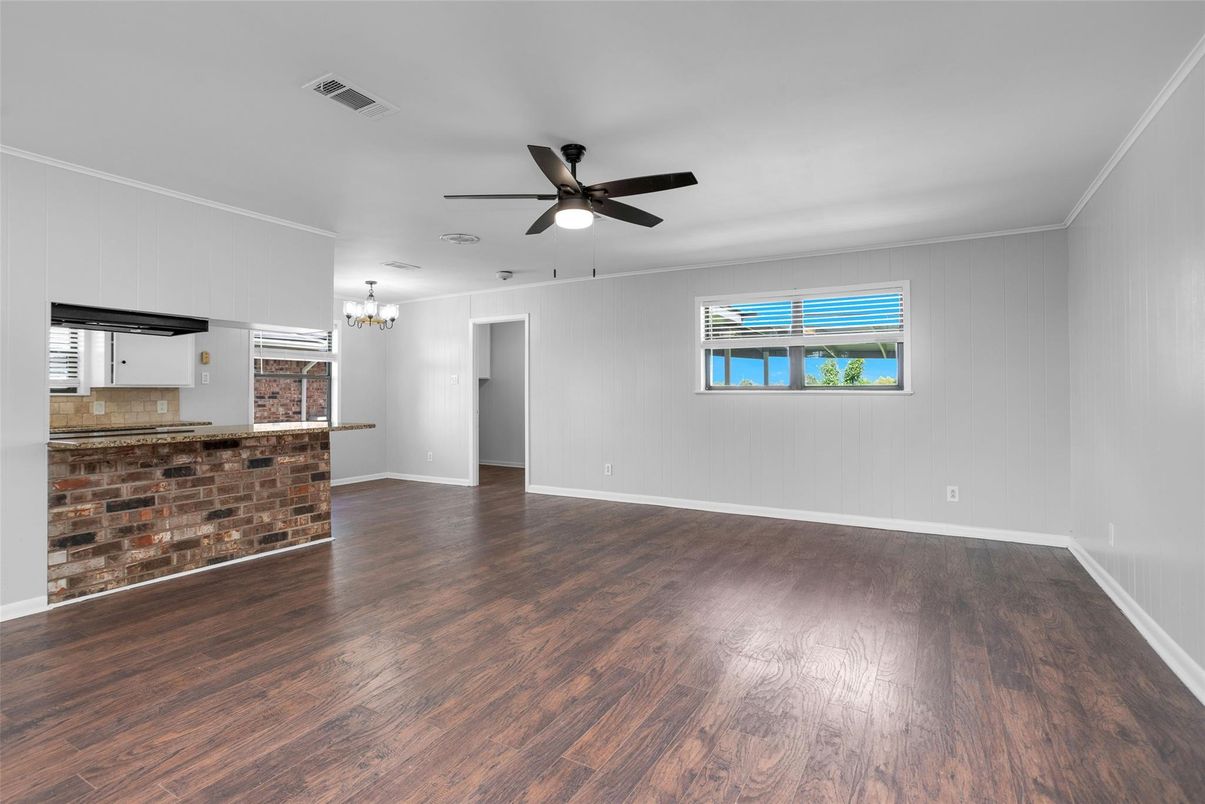 Chandelier, Empty room, Interior, Stone Walls, Wood Texture Flooring