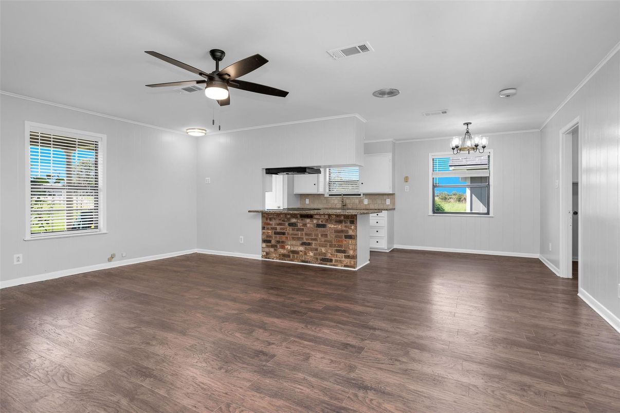 Chandelier, Empty room, Interior, Stone Walls, Wood Texture Flooring