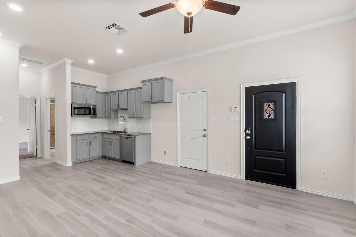 Interior, Kitchen, Recessed Lighting, Wood Texture Flooring