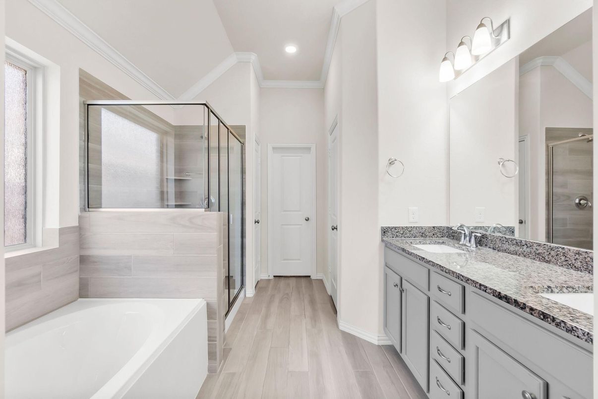 Bathroom, Dual Sink Vanities, Glass Shower, Interior, Recessed Lighting, Wood Texture Flooring