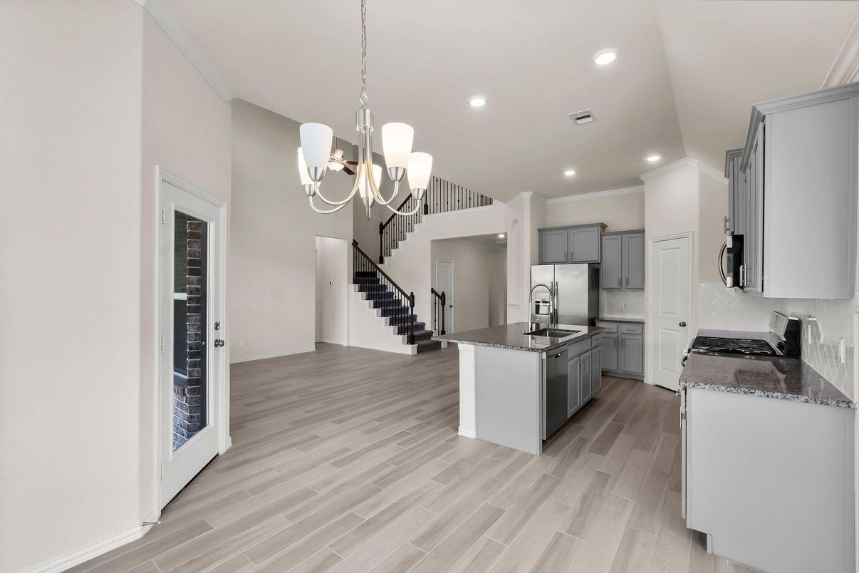Chandelier, Interior, Kitchen, Recessed Lighting, Wood Texture Flooring