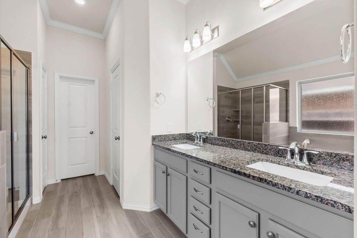 Bathroom, Dual Sink Vanities, Glass Shower, Interior, Recessed Lighting, Wood Texture Flooring