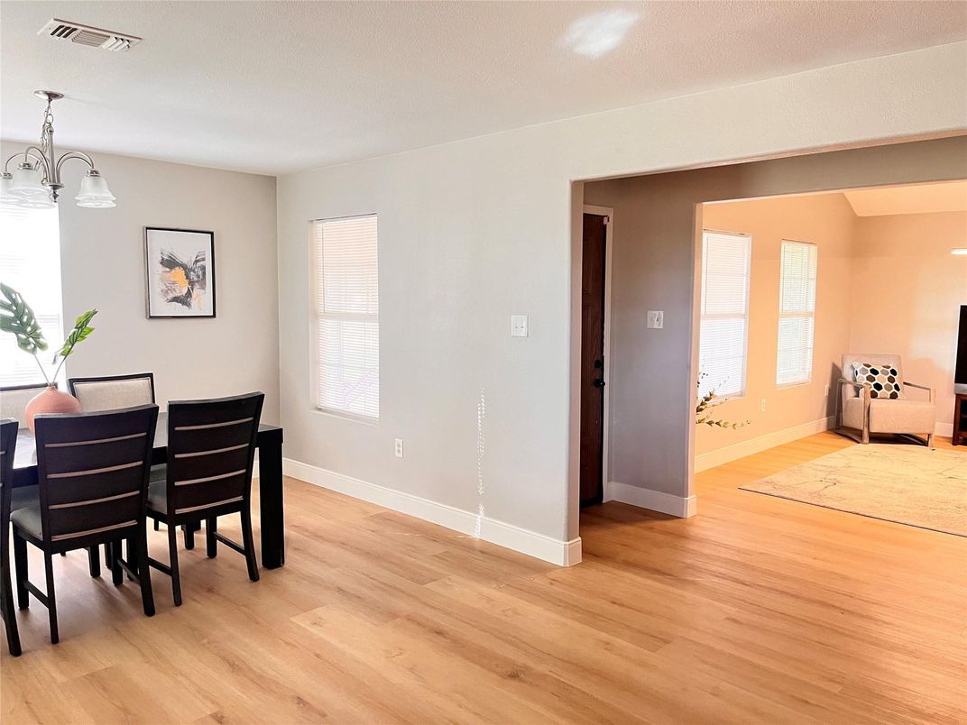 Dining room, Interior, Pendant Lights, Wood Texture Flooring