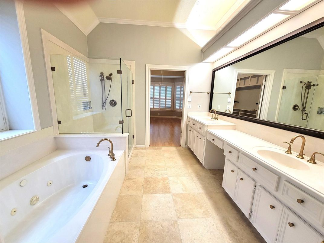Bathroom, Dual Sink Vanities, Glass Shower, Interior, Wood Texture Flooring