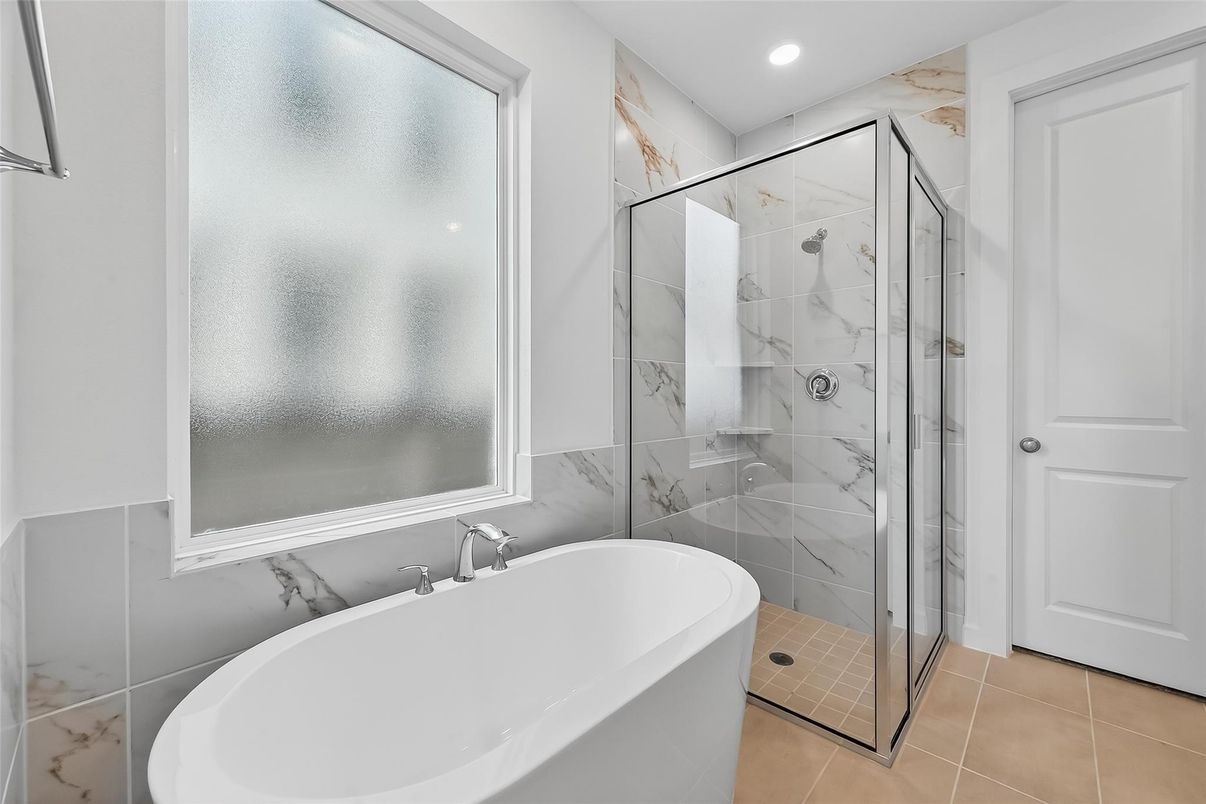 Bathroom, Glass Shower, Interior, Marble Walls, Recessed Lighting