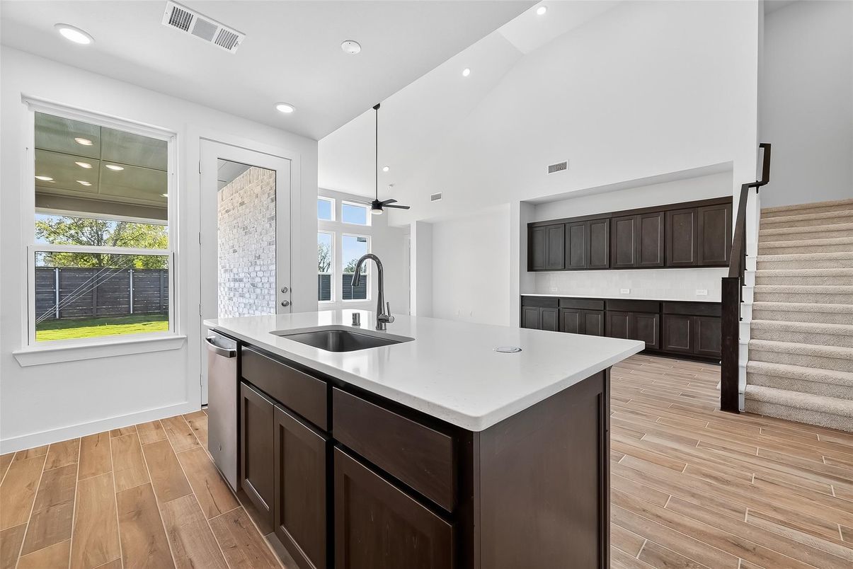 Interior, Kitchen, Pendant Lights, Recessed Lighting, Wood Texture Flooring