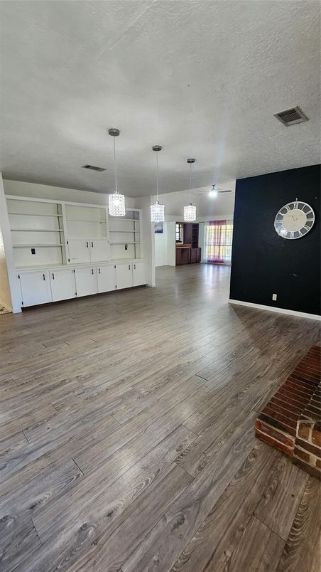 Chandelier, Empty room, Interior, Pendant Lights, Wood Texture Flooring