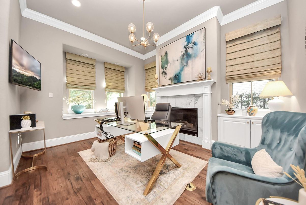 Fireplace, Home Office, Interior, Pendant Lights, Recessed Lighting, Wood Texture Flooring