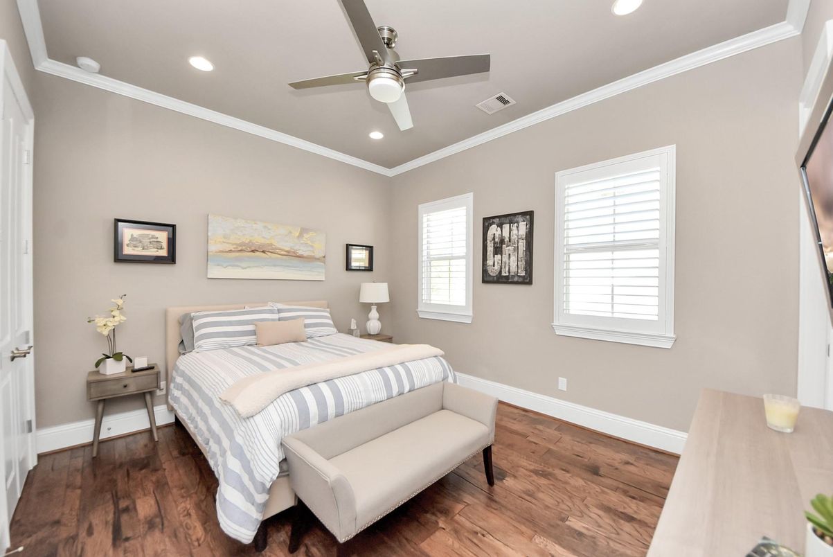 Bedroom, Interior, Recessed Lighting, Wood Texture Flooring