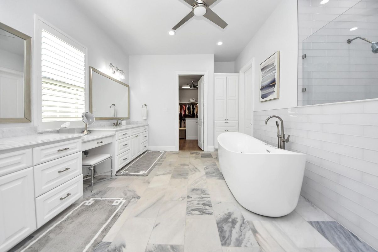 Bathroom, Dual Sink Vanities, Free Standing Baths, Interior, Marble, Recessed Lighting