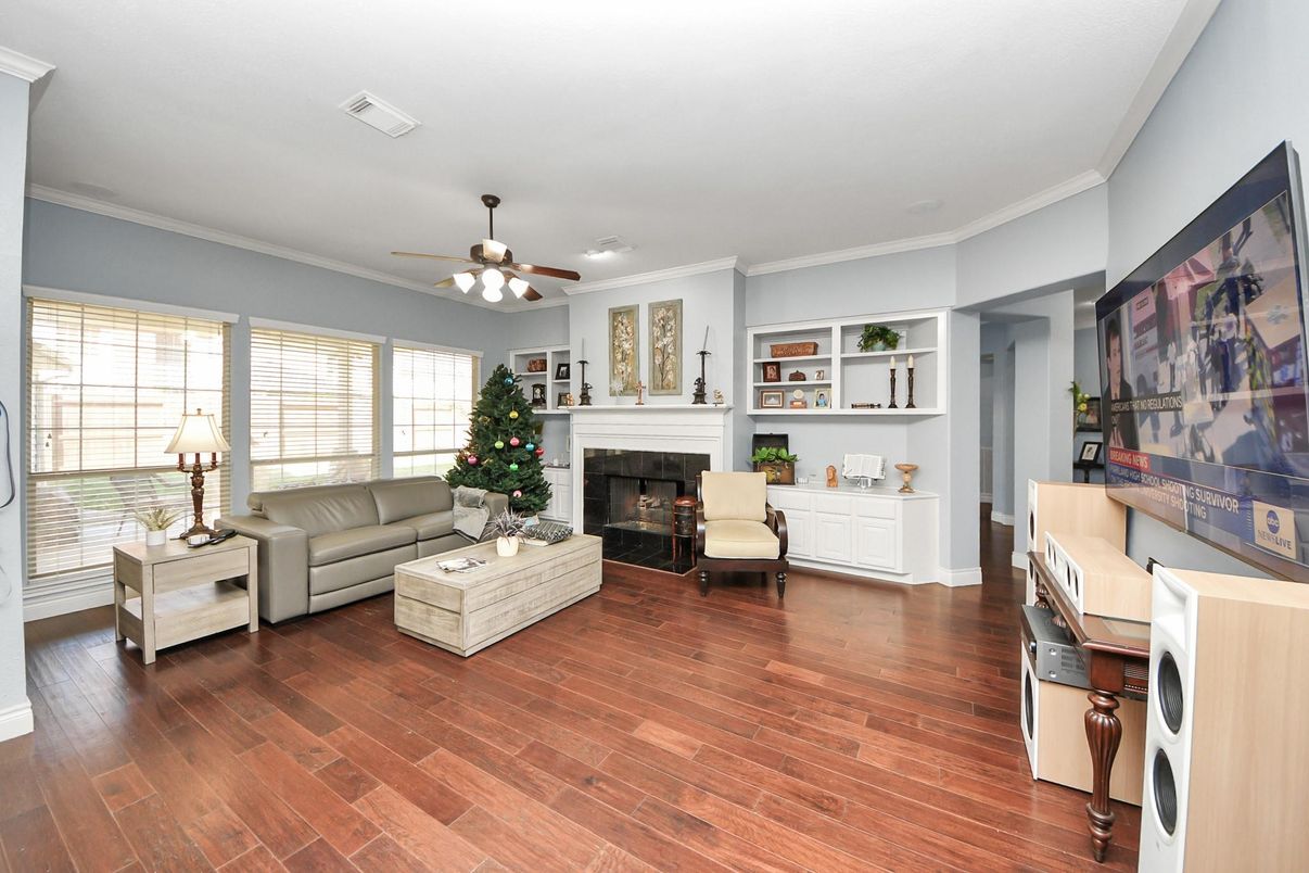 Fireplace, Interior, Living room, Recessed Lighting, Wood Texture Flooring