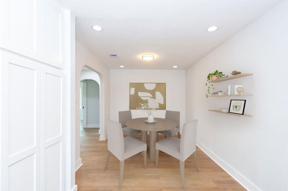 Dining room, Interior, Recessed Lighting, Wood Texture Flooring
