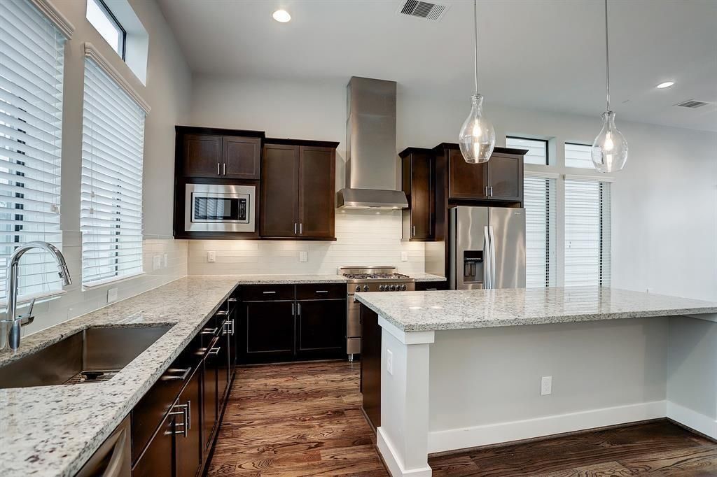 Interior, Kitchen, Pendant Lights, Recessed Lighting, Stainless Steel Appliances, Wood Texture Flooring