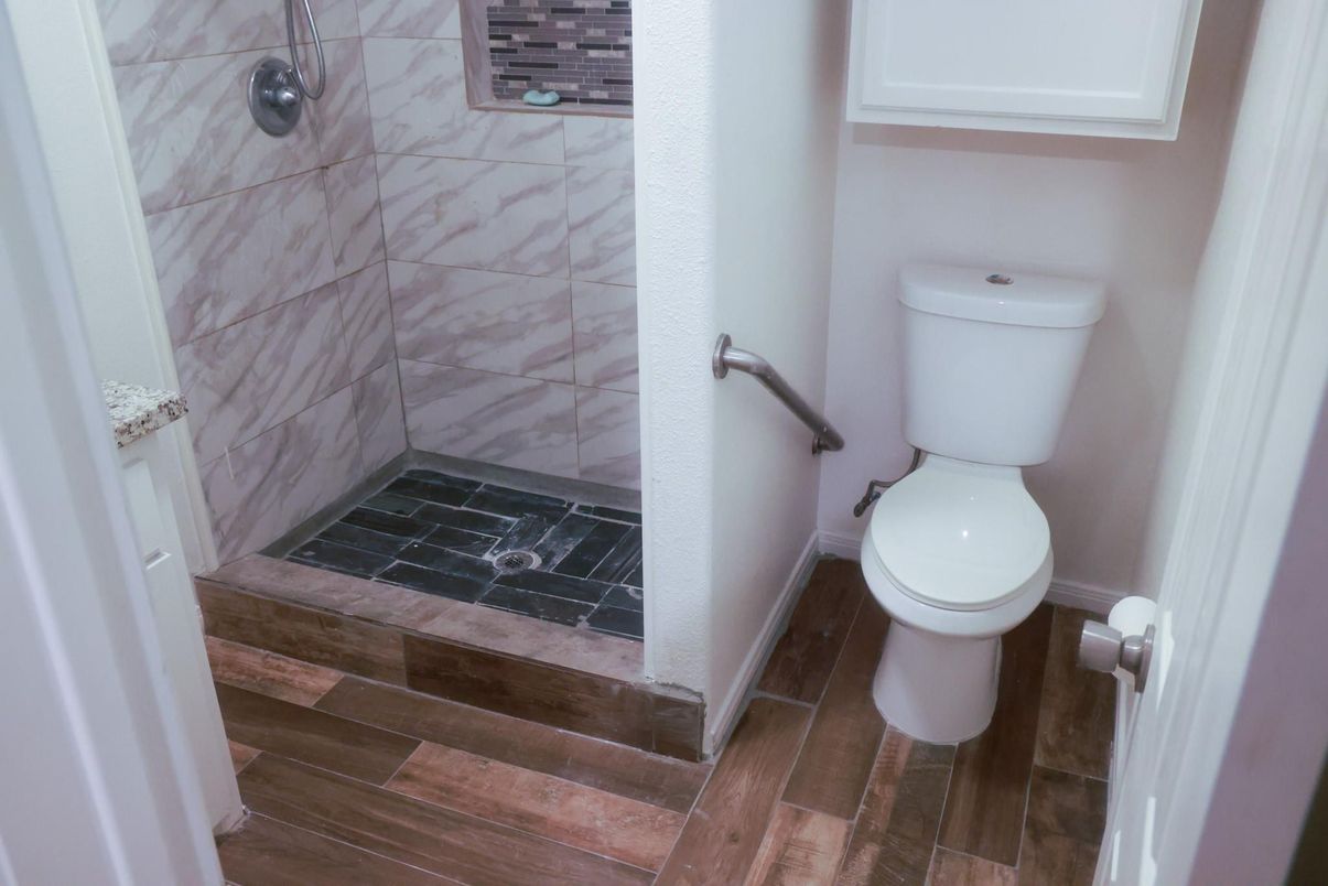 Bathroom, Interior, Marble Walls, Wood Texture Flooring