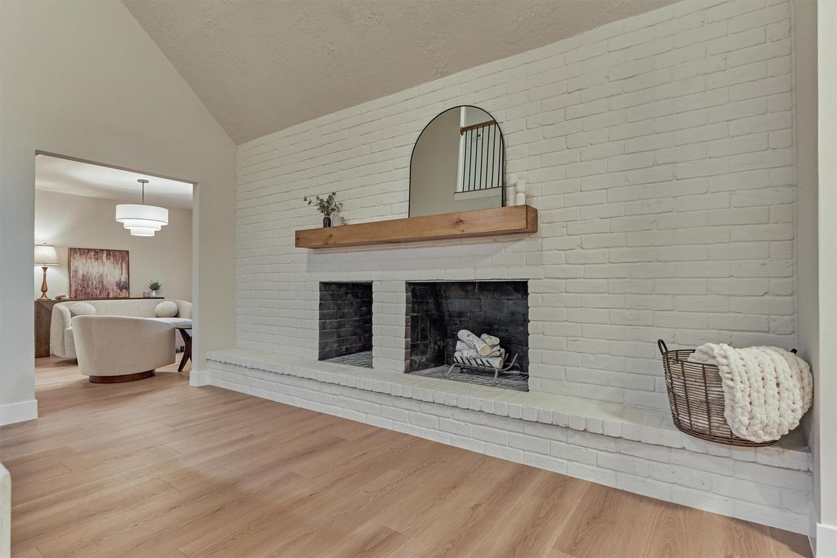 Fireplace, Interior, Pendant Lights, Stone Walls, Wood Texture Flooring