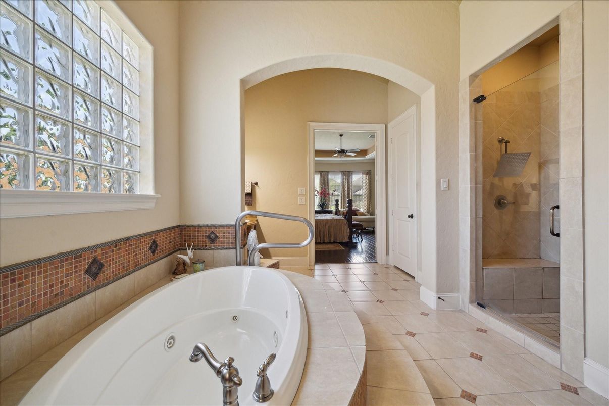 Bathroom, Glass Shower, Interior, Wood Texture Flooring