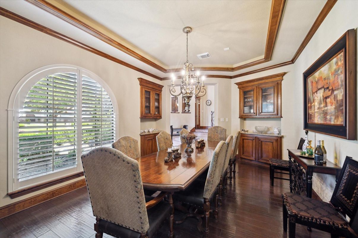 Chandelier, Dining room, Interior, Wood Texture Flooring