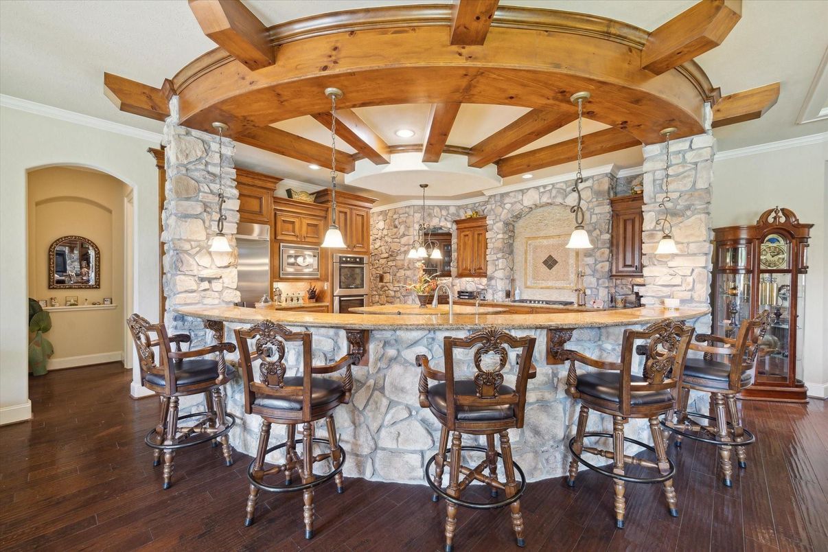 Interior, Pendant Lights, Recessed Lighting, Stone Walls, Wooden Beams, Wood Texture Flooring