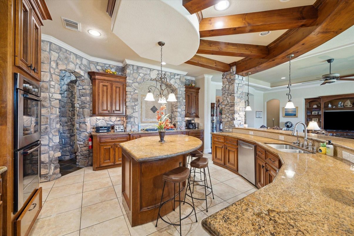 Interior, Kitchen, Pendant Lights, Recessed Lighting, Stone Walls, Wooden Beams