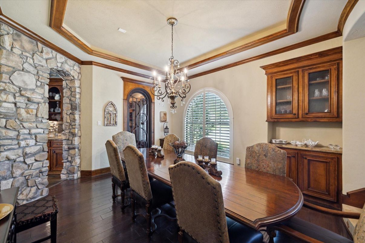 Chandelier, Dining room, Interior, Stone Walls, Wood Texture Flooring