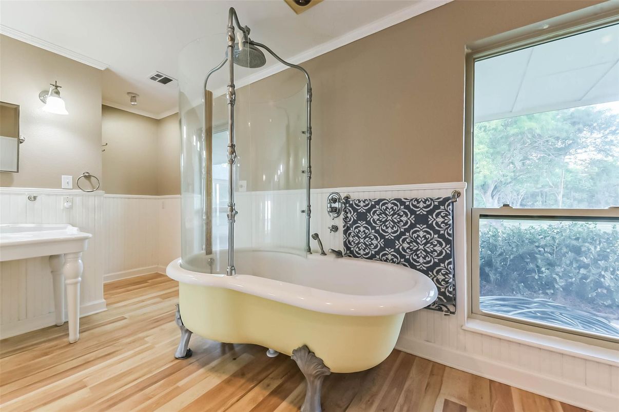 Bathroom, Free Standing Baths, Glass Shower, Interior, Wood Texture Flooring