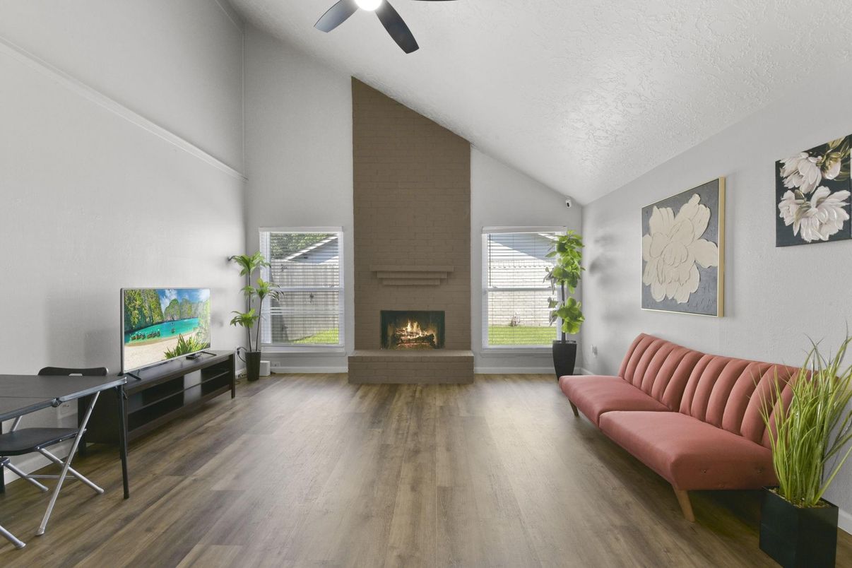 Fireplace, Home Office, Interior, Wood Texture Flooring