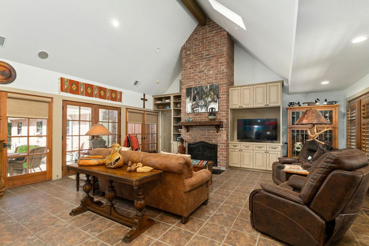 Fireplace, Interior, Living room, Recessed Lighting, Stone Walls