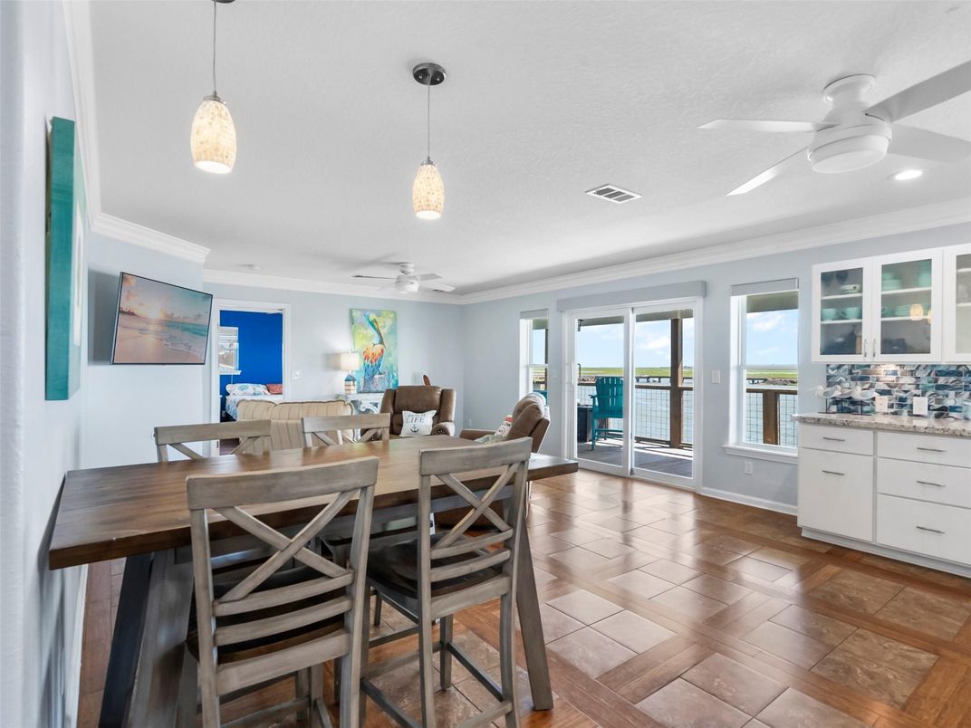 Dining room, Interior, Pendant Lights, Recessed Lighting, Wood Texture Flooring